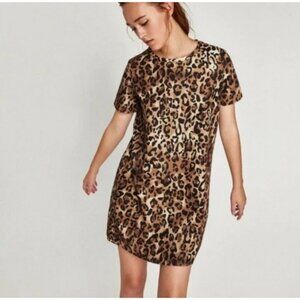 Zara Women’s Leopard Print Dress Size Large Short Sleeve Shift EUC